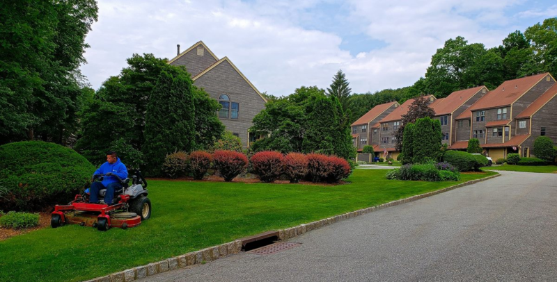 Landscape maintenance company employee mowing the lawn.