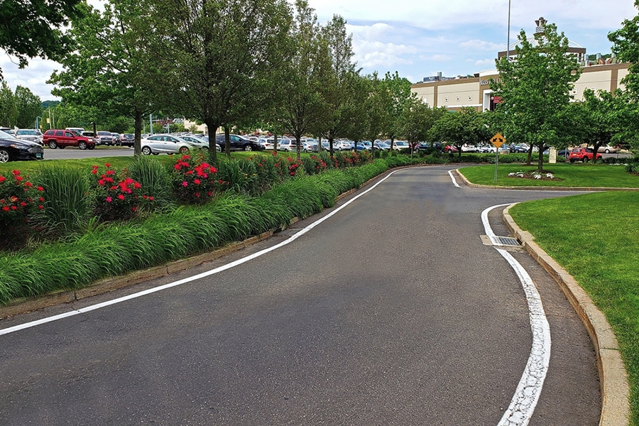 Landscaping for High Traffic Commercial Areas featuring vibrant flowers, greenery, trees, and a curved road near a parking lot.